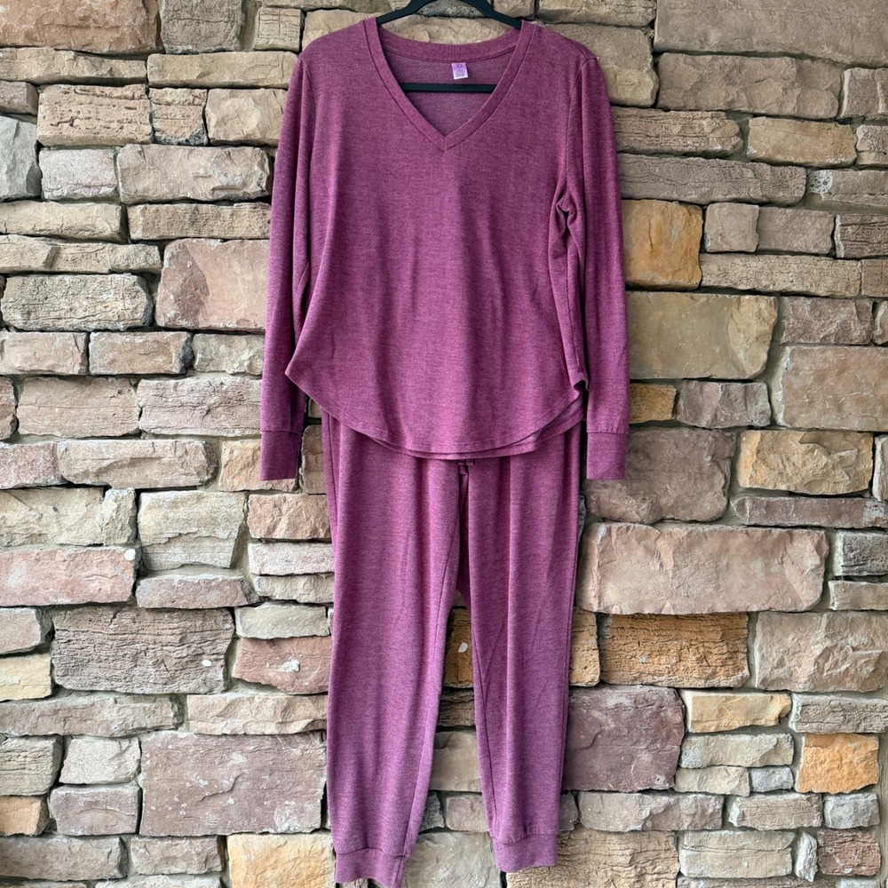 ND Intimates Womens 2 Piece Lounge Set Heathered Burgundy V-Neck Joggers Medium
